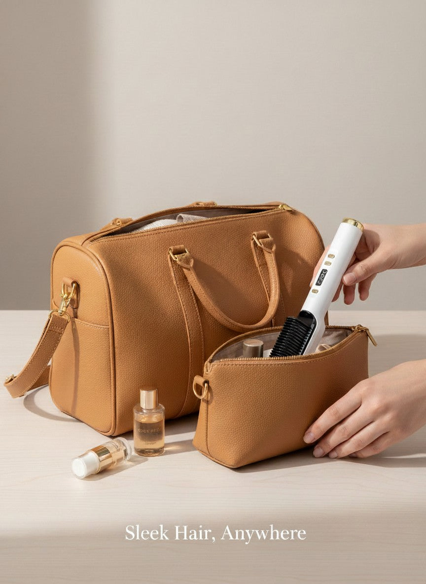 The Glow Lab professional hair straightener brush being packed into a travel bag for salon-smooth hair on the go.