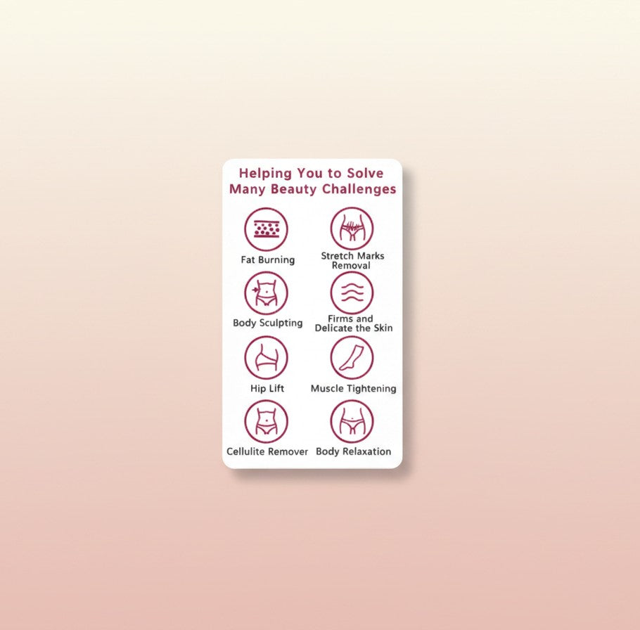 The Glow Lab cellulite massager benefits chart showing icons for fat burning, body sculpting, and skin firming.