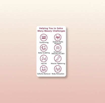 The Glow Lab cellulite massager benefits chart showing icons for fat burning, body sculpting, and skin firming.