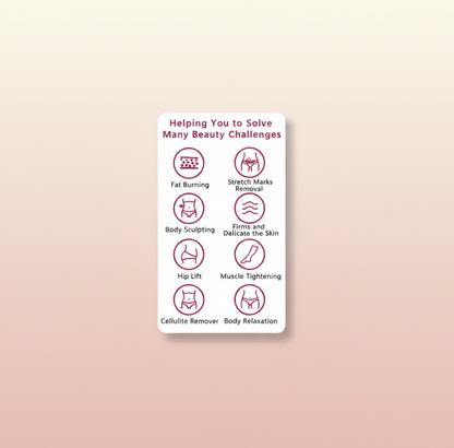 The Glow Lab cellulite massager benefits chart showing icons for fat burning, body sculpting, and skin firming.