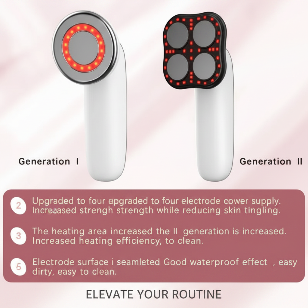 The Glow Lab handheld cellulite massager comparing Generation I and II models with red light and EMS technology.