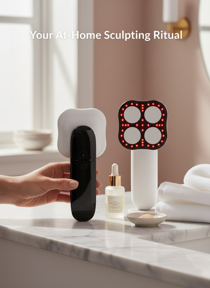 The Glow Lab handheld cellulite massager with red light therapy, EMS, and RF features on a marble vanity.