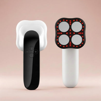 The Glow Lab handheld cellulite massager with red light therapy, EMS, and RF features in black and white.