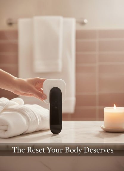 The Glow Lab handheld cellulite massager with EMS and red light therapy, held in a spa-like bathroom setting.