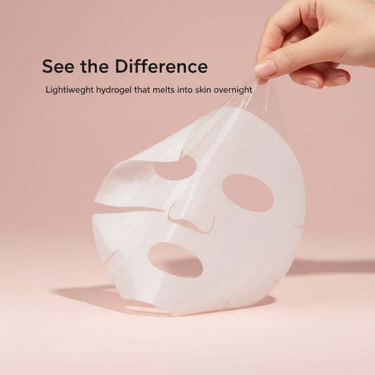 The Glow Lab collagen hydrogel face mask being held up, showing the thin, translucent, and hydrating material.