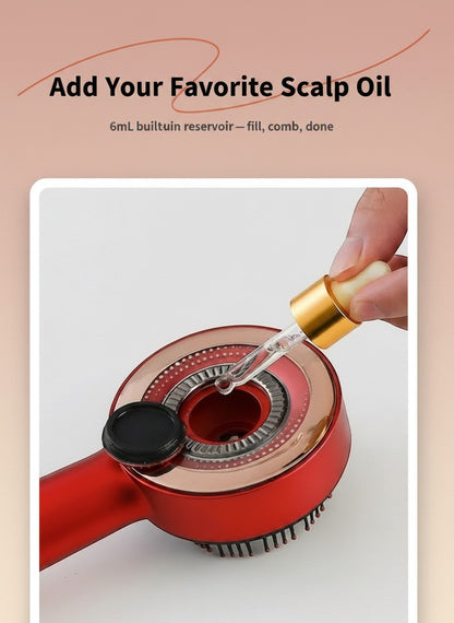 The Glow Lab electric scalp massage comb in red with a 6ml oil reservoir being filled by a dropper.