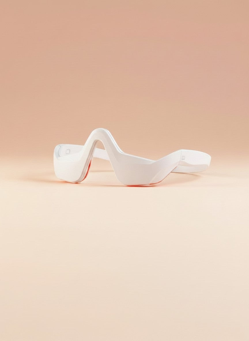 The Glow Lab white EMS eye care device with red light therapy for reducing dark circles and puffiness.