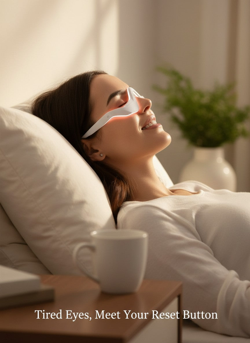 A woman relaxing in bed wearing The Glow Lab white EMS eye care device with red light therapy for dark circles.