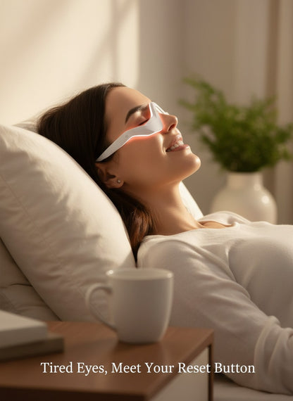 A woman relaxing in bed wearing The Glow Lab white EMS eye care device with red light therapy for dark circles.