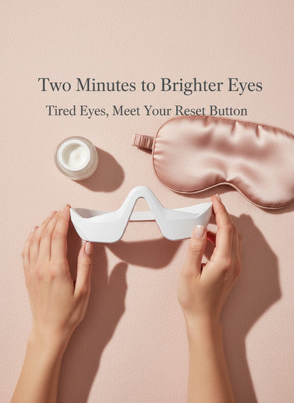 The Glow Lab white EMS eye care device with red light therapy held by hands next to a silk sleep mask and eye cream.