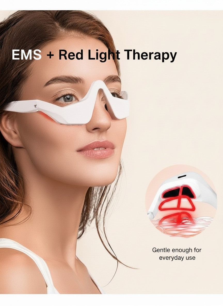 The Glow Lab white EMS eye care device with red light therapy worn by a woman for dark circle and puffiness relief.