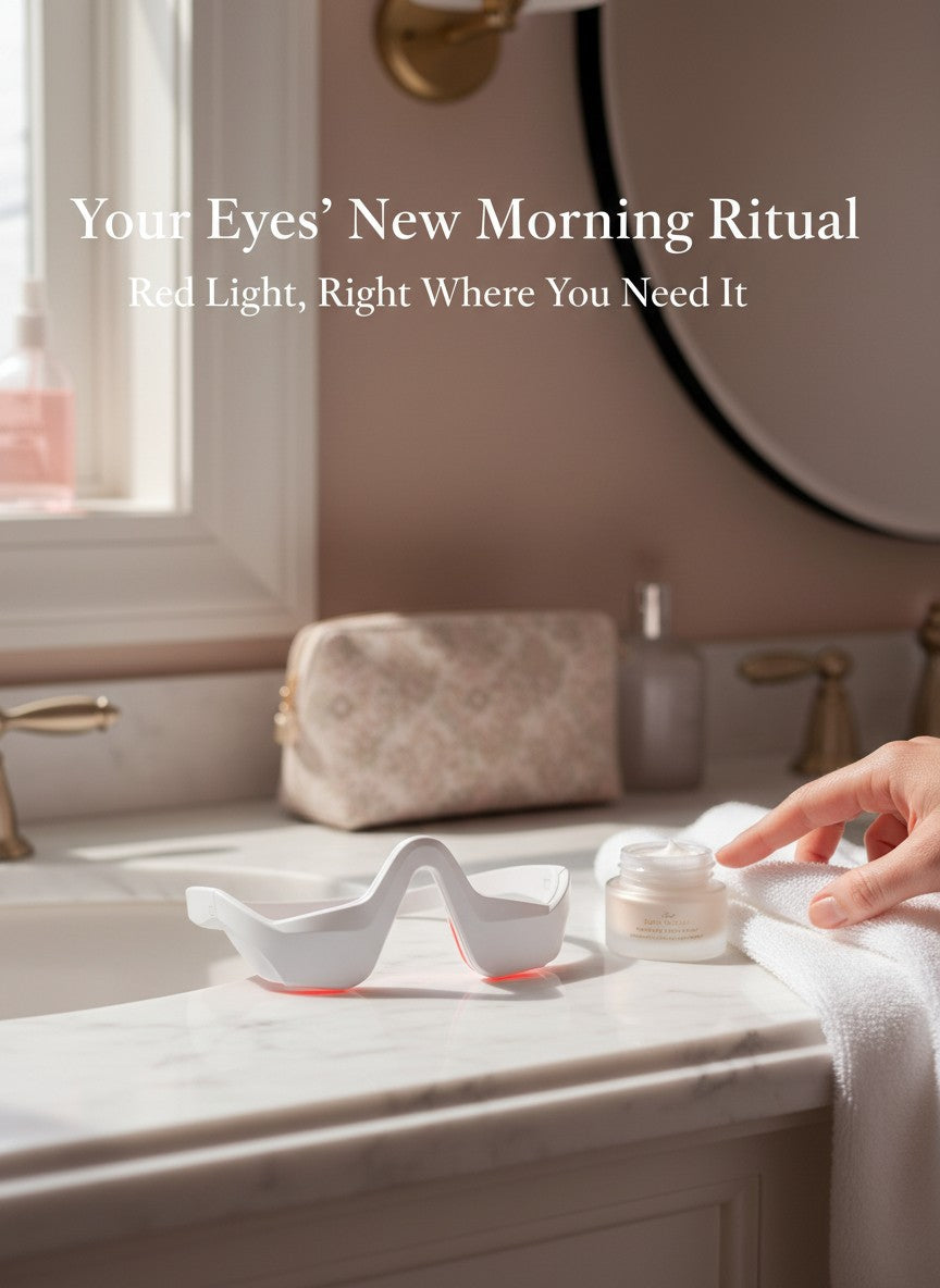The Glow Lab EMS eye care device with red light therapy on a marble bathroom counter next to a jar of eye cream.