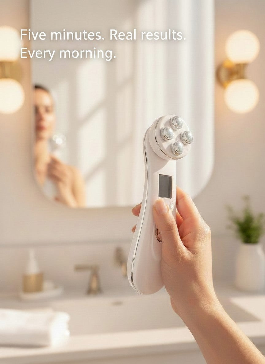 The Glow Lab white handheld EMS skin tightening device with four metal probes held in a bathroom mirror reflection