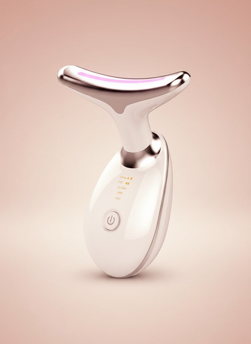 The Glow Lab anti-wrinkle facial toning device in white and rose gold with a curved head and LED indicator lights.