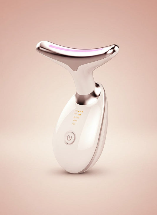 The Glow Lab anti-wrinkle facial toning device in white and rose gold with a curved head and LED indicator lights.