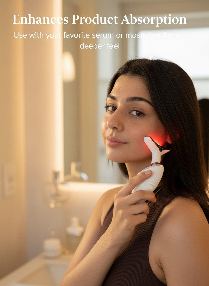 The Glow Lab anti-wrinkle facial toning device with red light therapy being used on a woman's cheek in a bathroom.