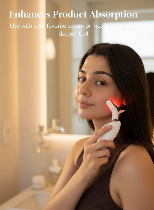 The Glow Lab anti-wrinkle facial toning device with red light therapy being used on a woman's cheek in a bathroom.