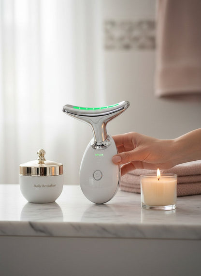 The Glow Lab anti-wrinkle facial toning device with green LED light on a marble vanity next to a candle and cream jar.