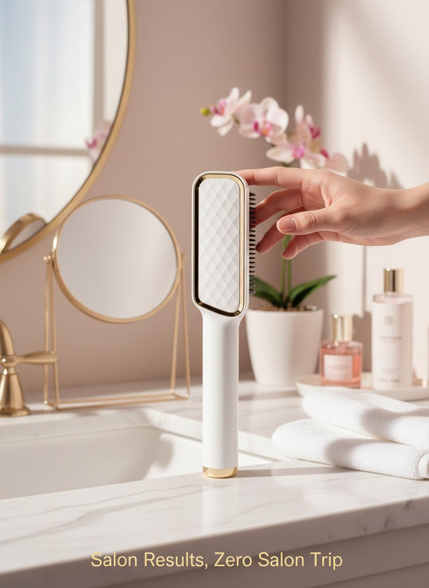 The Glow Lab professional hair straightener brush with white and gold finish held in a bright bathroom setting.