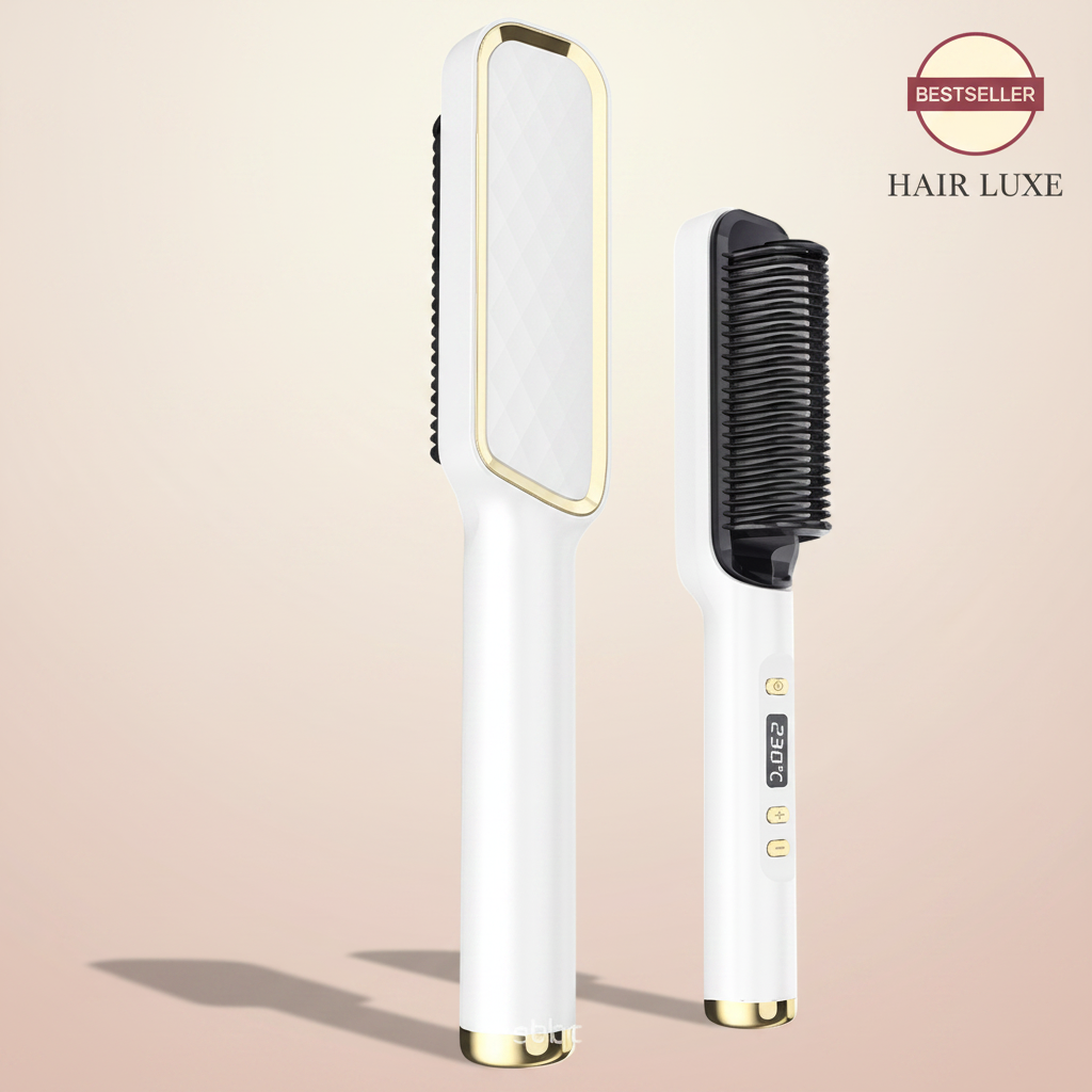 The Glow Lab professional hair straightener brush with white ceramic surface and digital temperature display