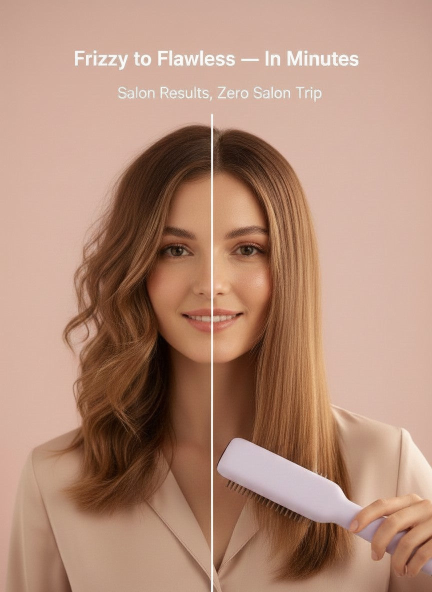 The Glow Lab professional hair straightener brush showing a woman with half frizzy and half smooth straight hair