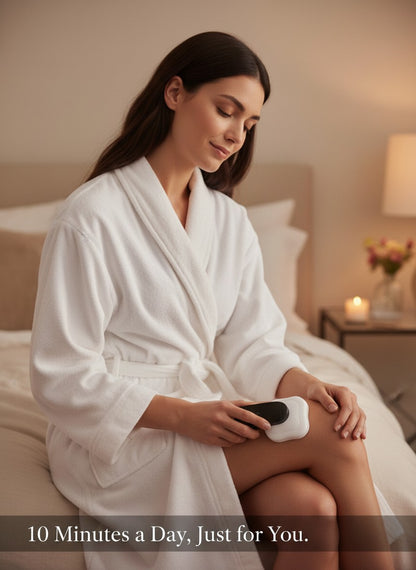 The Glow Lab handheld cellulite massager with red light therapy used by a woman in a white robe for skin firming