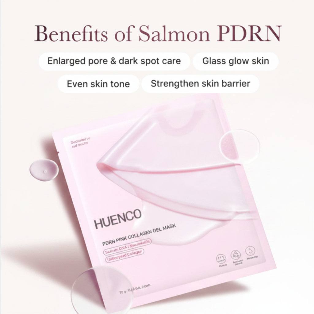The Glow Lab HUENCO PDRN pink collagen gel facial mask for deep hydration, skin barrier repair, and glass glow skin.