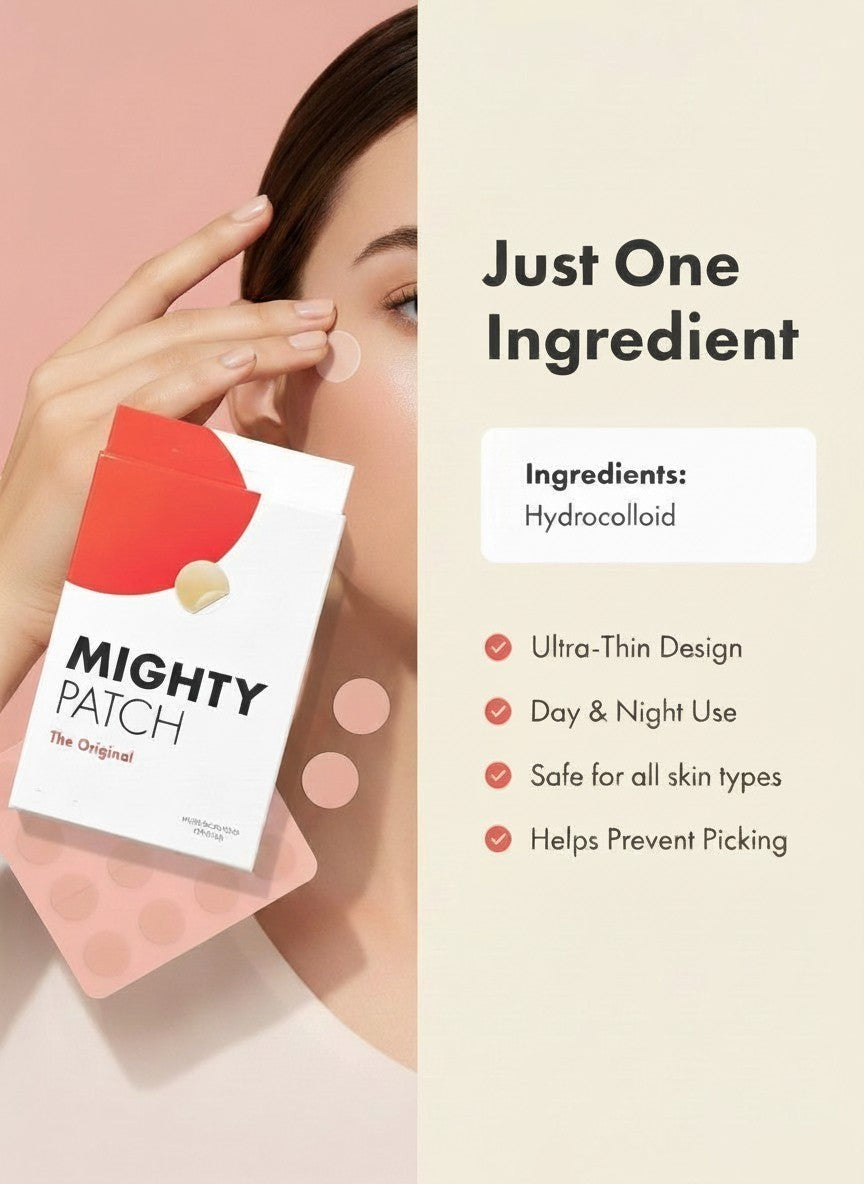 The Glow Lab hydrocolloid blemish patches on a model's face next to the product packaging box
