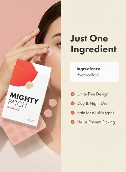 The Glow Lab hydrocolloid blemish patches on a model's face next to the product packaging box