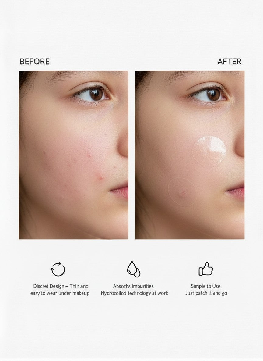 The Glow Lab hydrocolloid blemish patches on a model's cheek showing before and after results for acne treatment