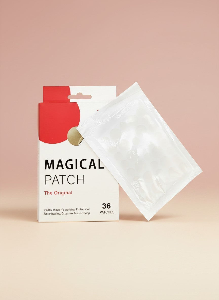 The Glow Lab hydrocolloid blemish patches in a 36-count box with a clear adhesive patch sheet on a soft pink background