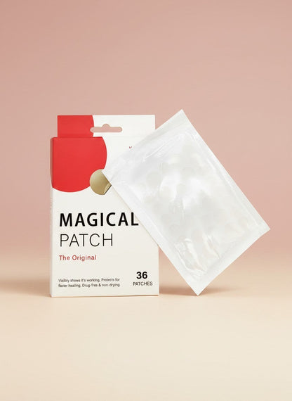 The Glow Lab hydrocolloid blemish patches in a 36-count box with a clear adhesive patch sheet on a soft pink background