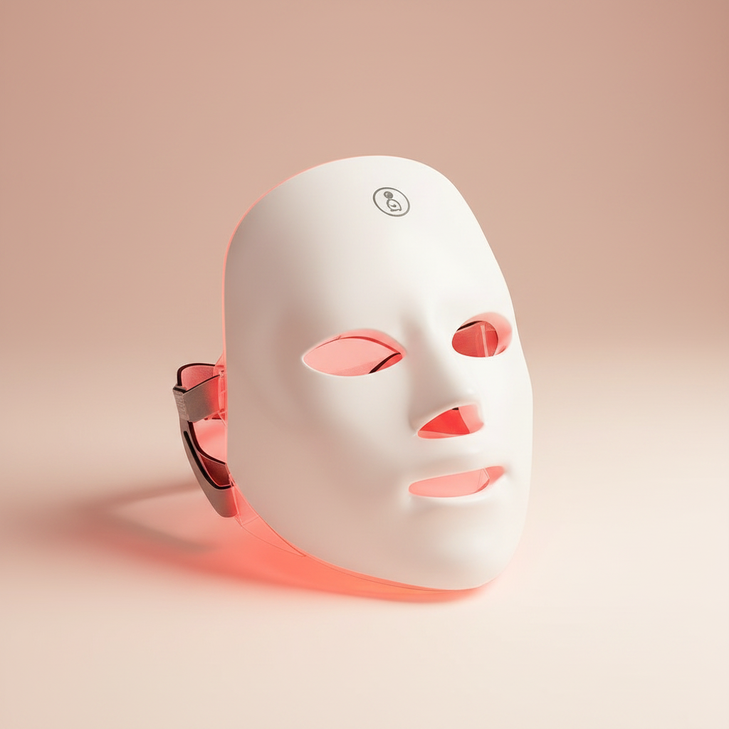 The Glow Lab white LED light therapy facial mask for skin rejuvenation with red light glow on a soft peach background.