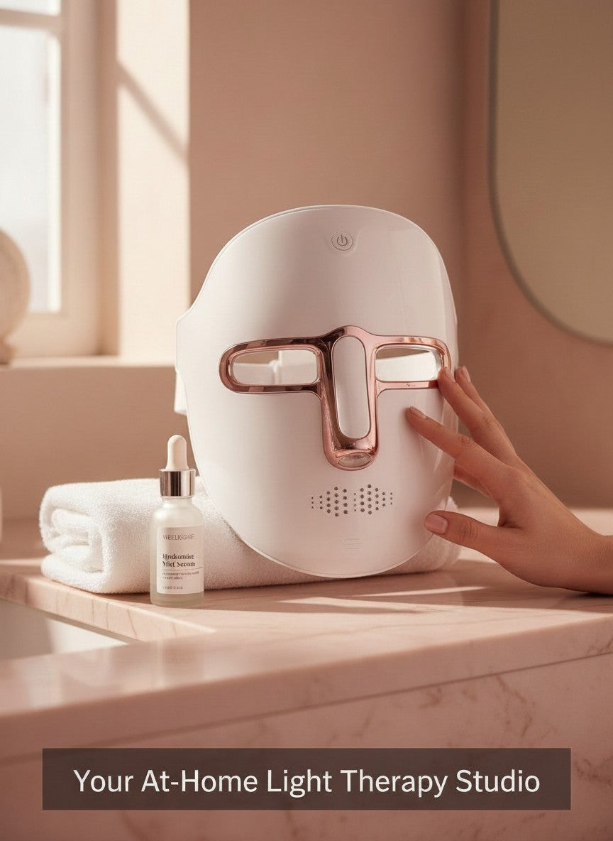 The Glow Lab 7-color LED light therapy facial mask in white and rose gold, displayed on a vanity with serum and towel.