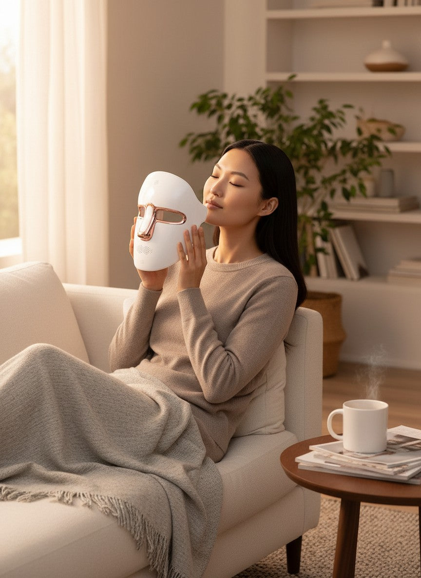The Glow Lab 7-color LED light therapy facial mask in white and rose gold being used by a woman relaxing on a sofa.