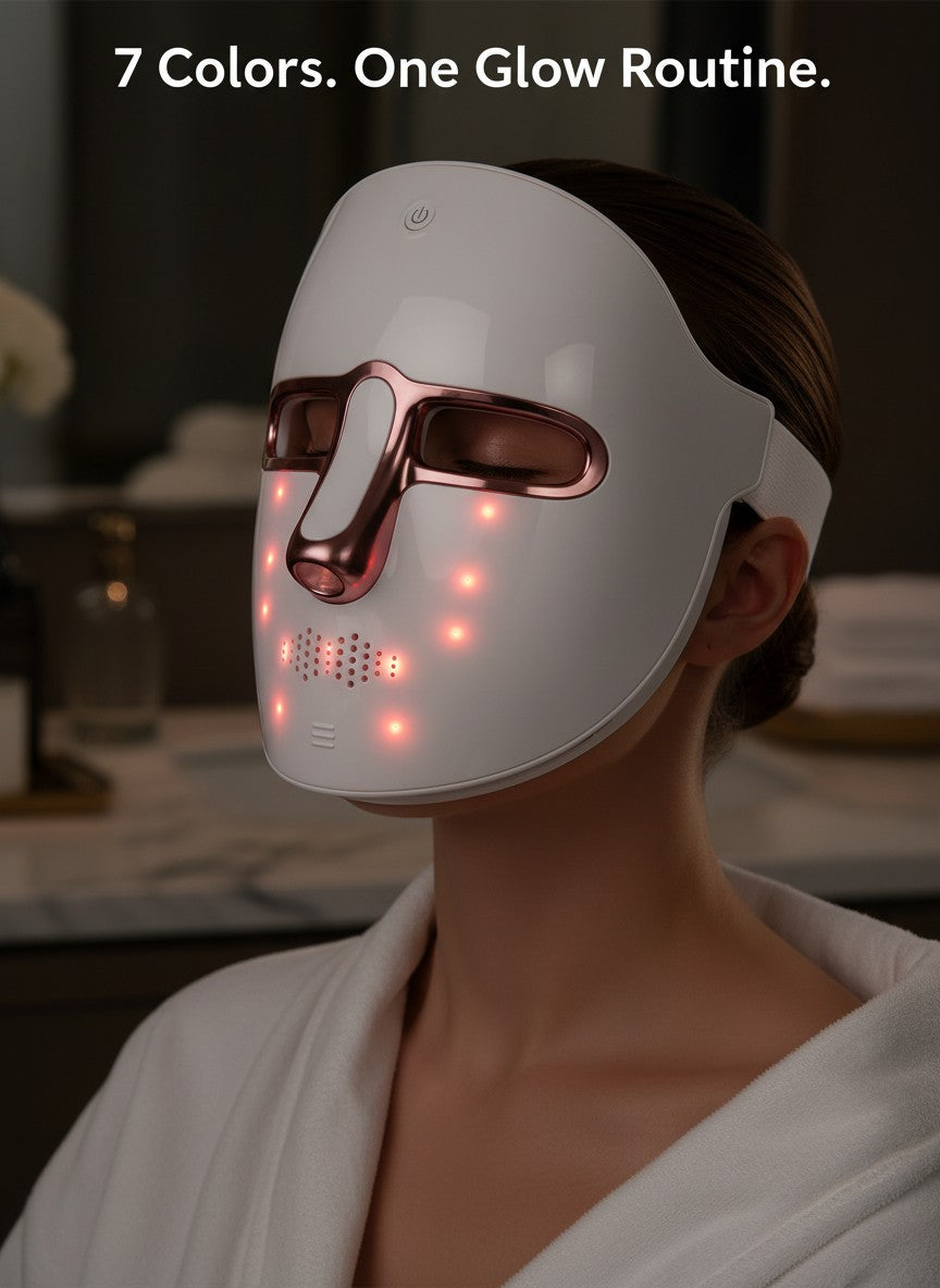 The Glow Lab 7-Color LED light therapy facial mask in white with rose gold accents worn by a woman for skincare.