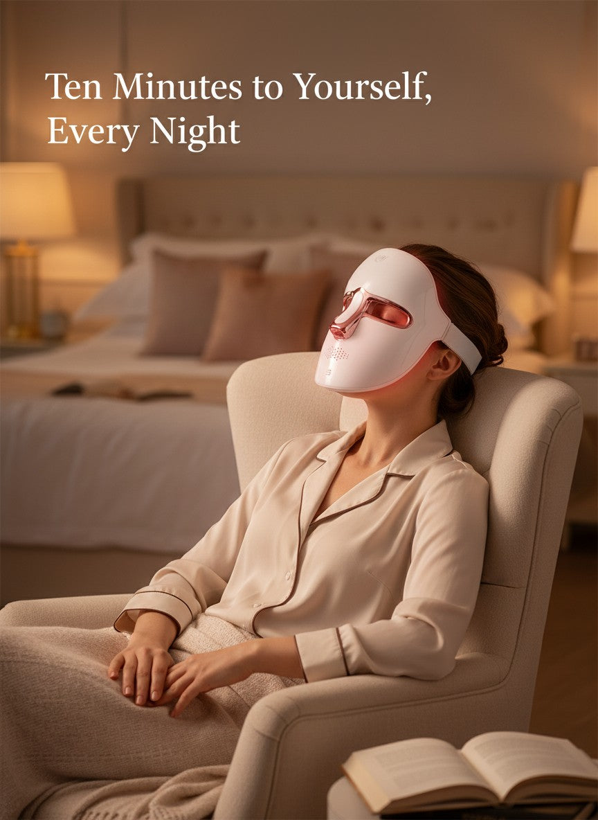 A woman wearing The Glow Lab 7-color LED light therapy facial mask while relaxing in a chair in a bedroom.