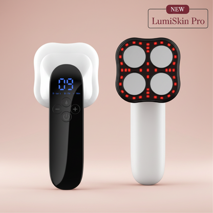The Glow Lab LumiSkin Pro handheld cellulite massager with LED display, red light therapy, and four treatment heads.