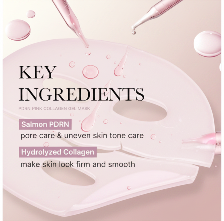 The Glow Lab PDRN pink collagen gel facial mask with serum droplets for firming and pore care.