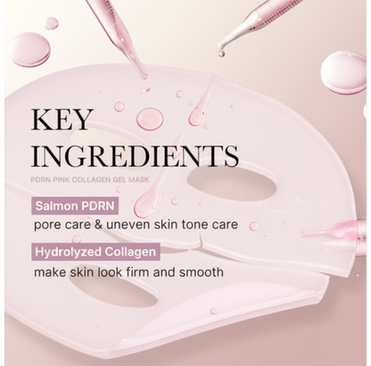 The Glow Lab PDRN pink collagen gel facial mask with serum droplets for firming and pore care.