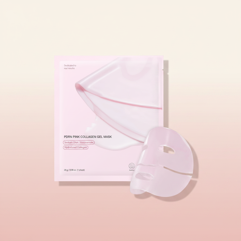 The Glow Lab PDRN Pink Collagen Gel Mask in a light pink sachet with a translucent gel sheet mask overlay.