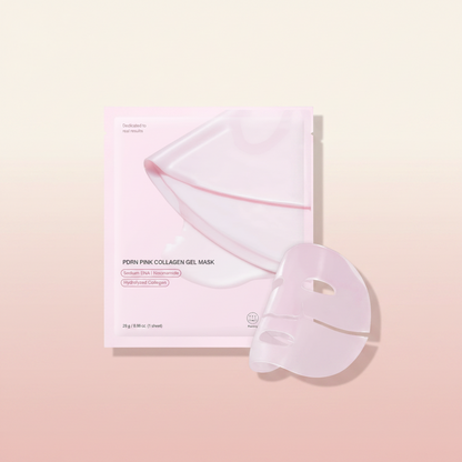 The Glow Lab PDRN Pink Collagen Gel Mask in a light pink sachet with a translucent gel sheet mask overlay.