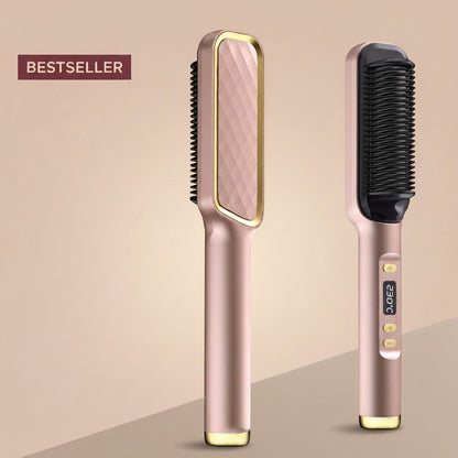 The Glow Lab professional pink hair straightener brush with ceramic heating plates and digital temperature display