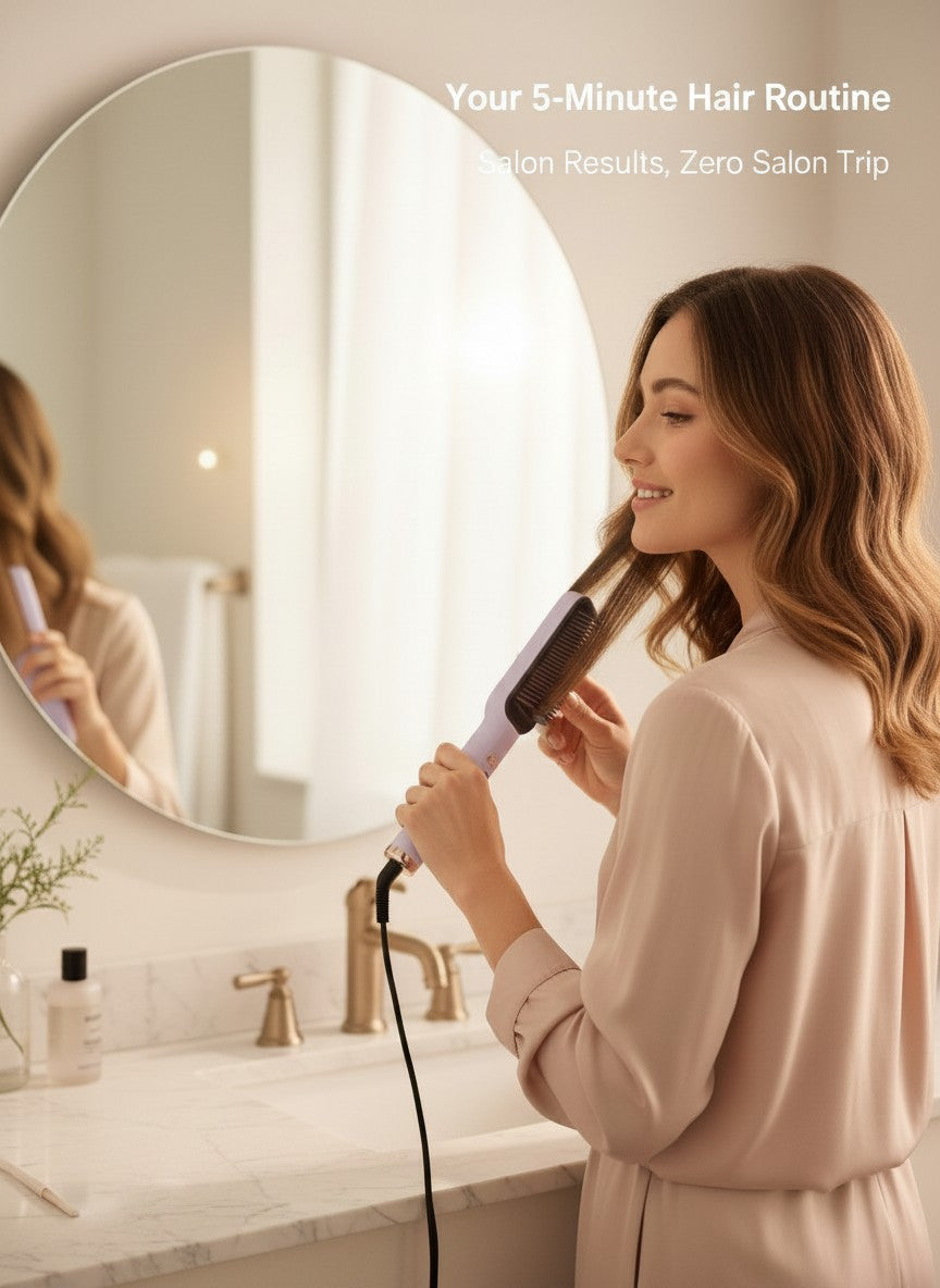 The Glow Lab professional hair straightener brush in purple being used by a woman in a bright bathroom mirror