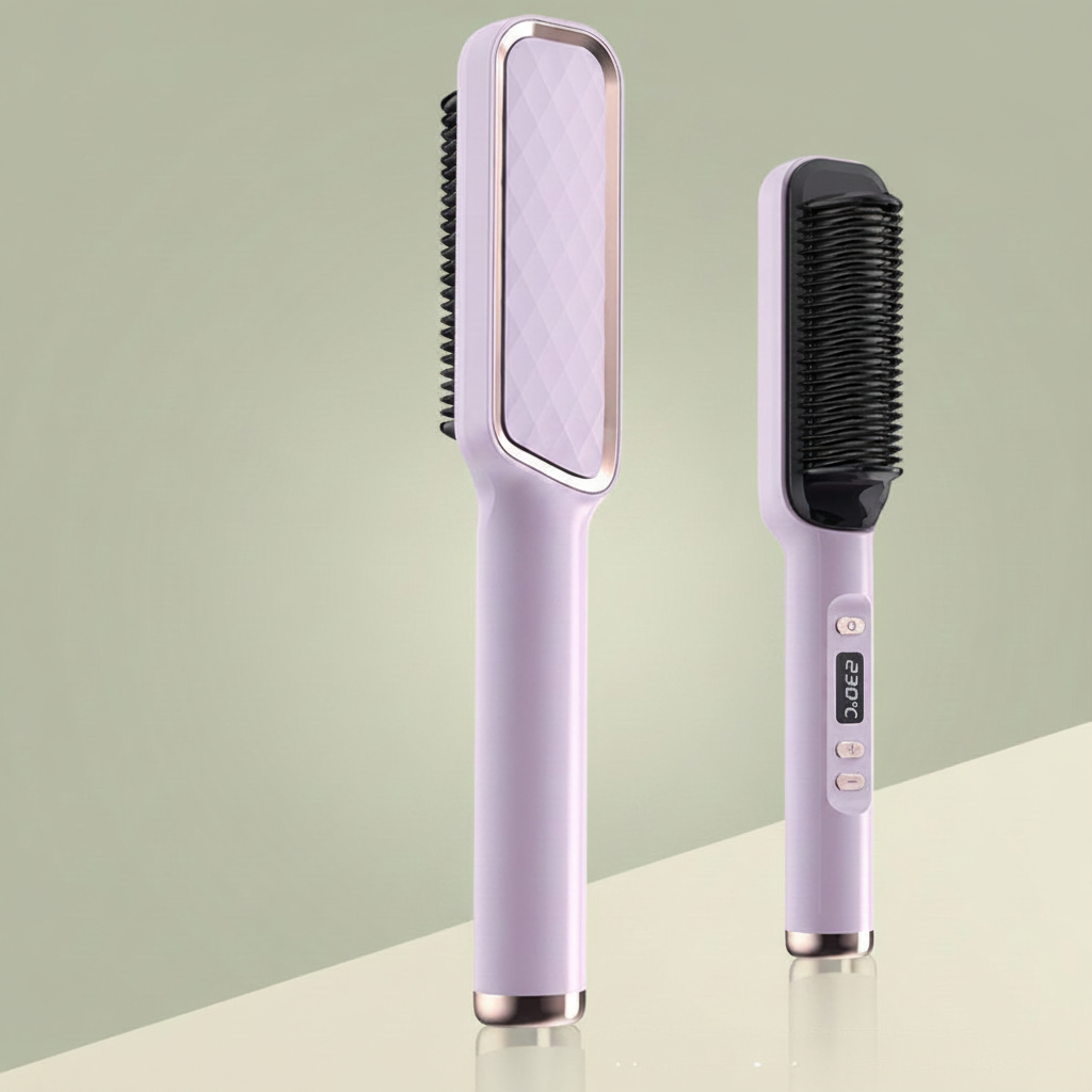The Glow Lab professional hair straightener brush in light purple with ceramic heating surface and digital display.