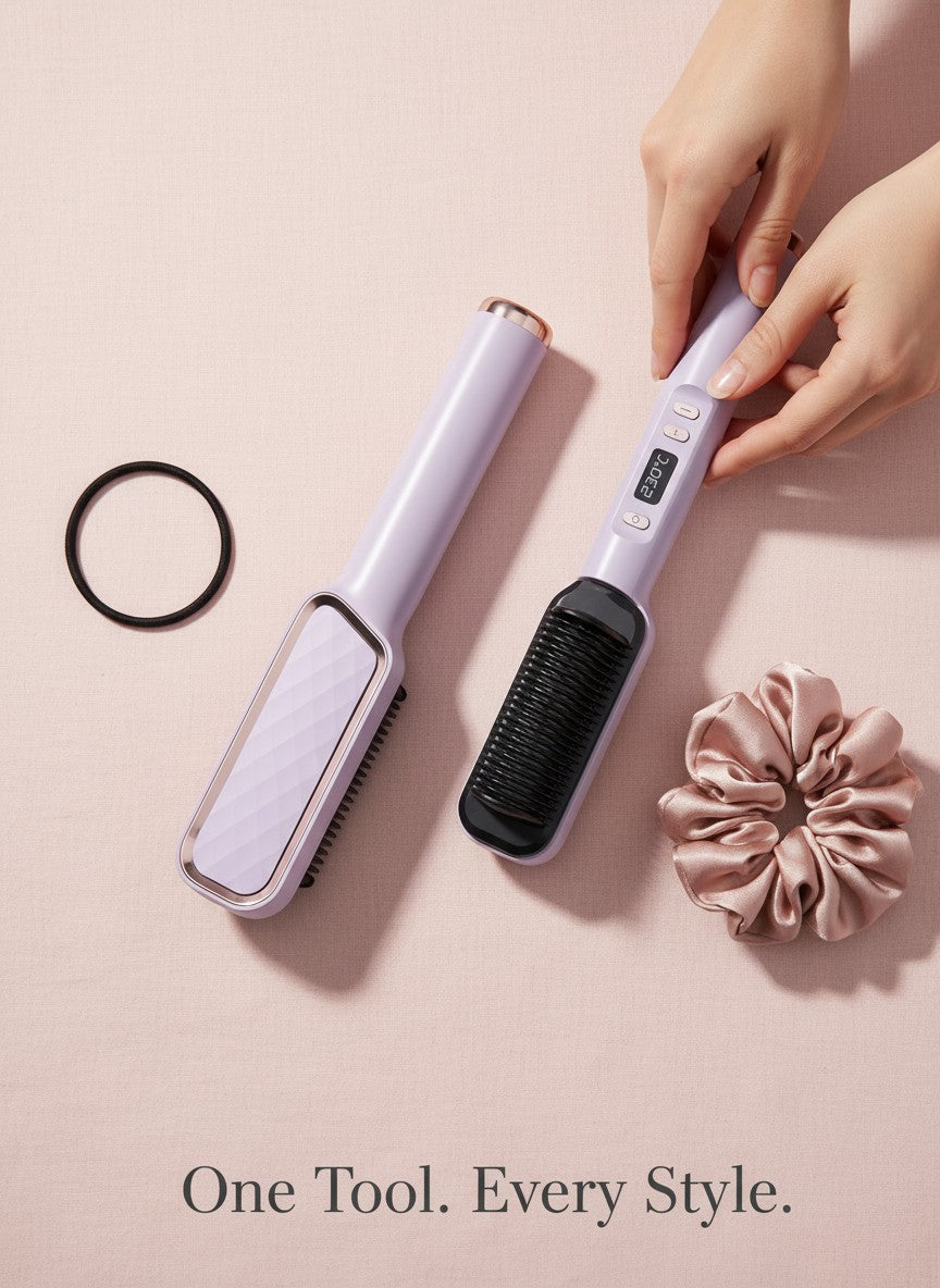 The Glow Lab purple professional hair straightener brush with digital temperature display and ceramic heating surface.