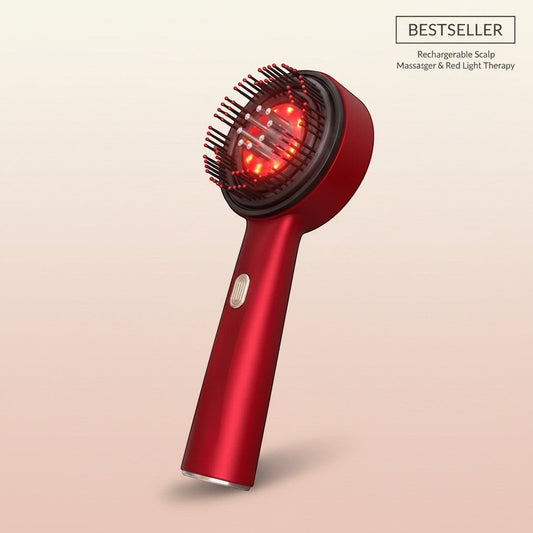 The Glow Lab red electric scalp massage comb with red light therapy bristles for hair care and scalp relaxation