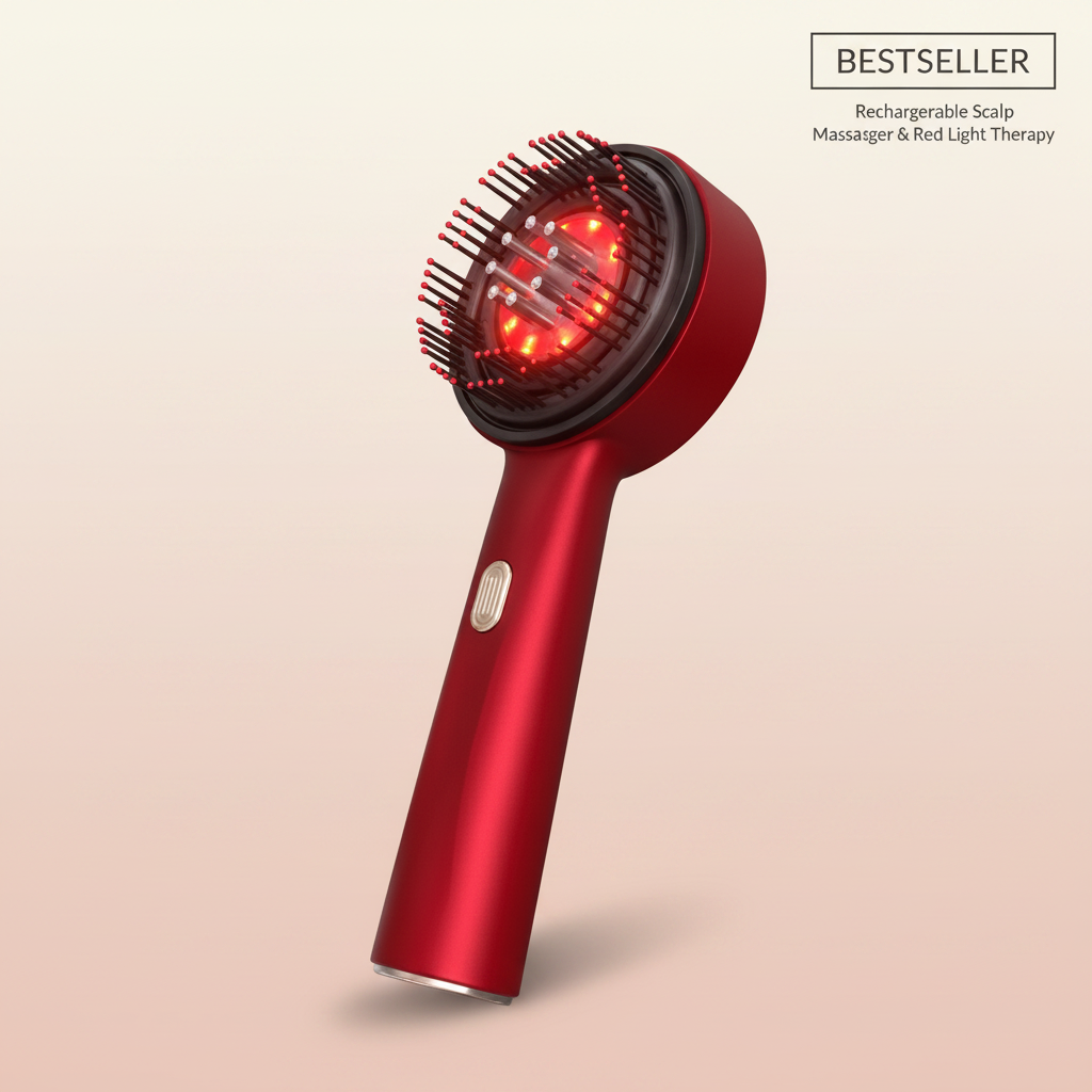The Glow Lab red electric scalp massage comb with red light therapy bristles for hair care and scalp relaxation