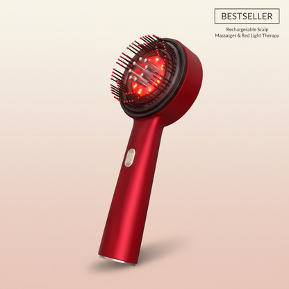 The Glow Lab red electric scalp massage comb with red light therapy bristles for hair care and scalp relaxation