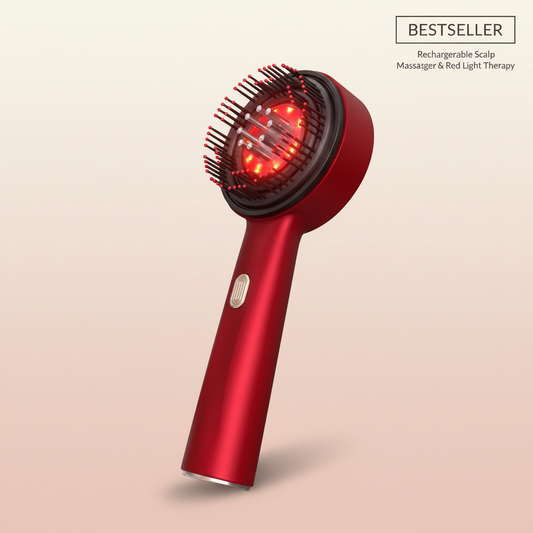 The Glow Lab red electric scalp massage comb with red light therapy bristles for hair care and scalp relaxation